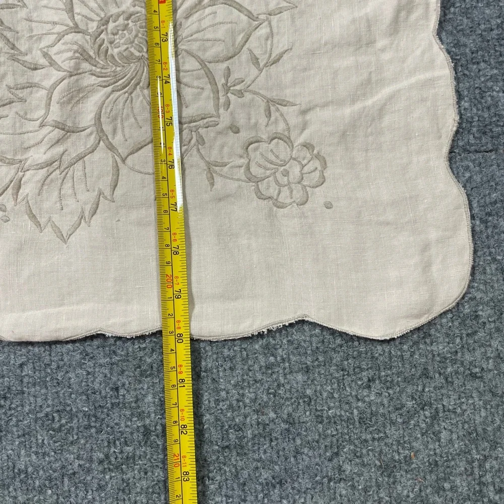Vintage Tablecloth Beige Floral Embroidered Scalloped Linen Bridal Baby Formal